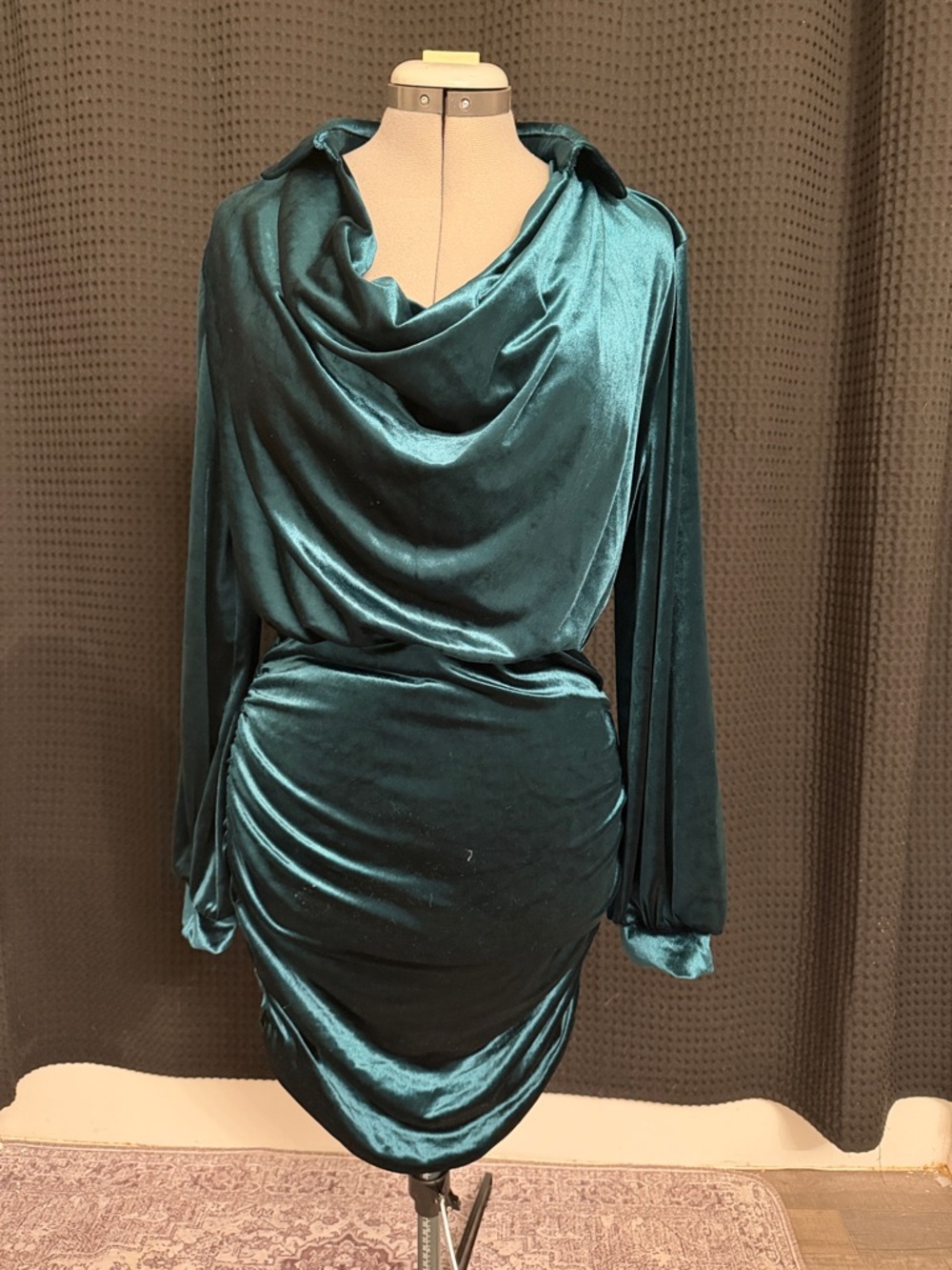 SHEIN Teal Velvet Cowl Ruched Long-Sleeve Dress